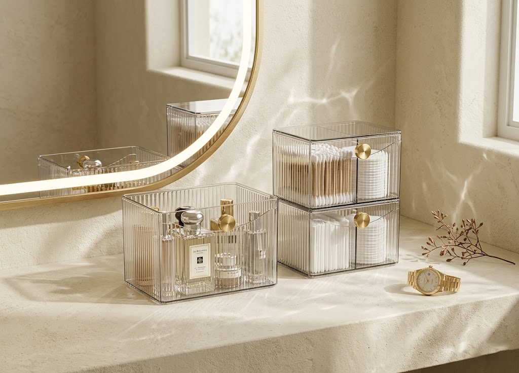 VodaElement™ Ribbed Mineral Vanity Organizer & Cotton Caddy